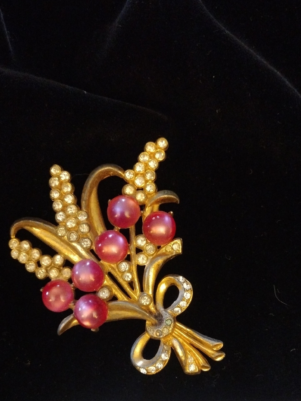 Gold-tone Floral Brooch with Pink Beads and Clear Crystals